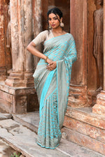 Thumbnail for Joban Fashion Teal Green Crepe Chiffon Pure Handloom Banarasi Silk Saree
