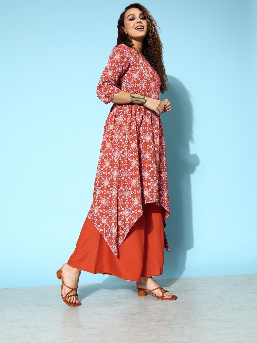 All About You Brick Red Printed Dipped Hem Veere Di Wedding A-Line Kurta with Palazzos - Distacart