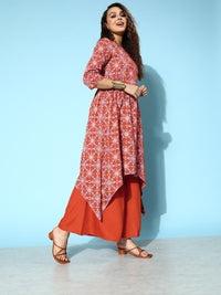Thumbnail for All About You Brick Red Printed Dipped Hem Veere Di Wedding A-Line Kurta with Palazzos - Distacart