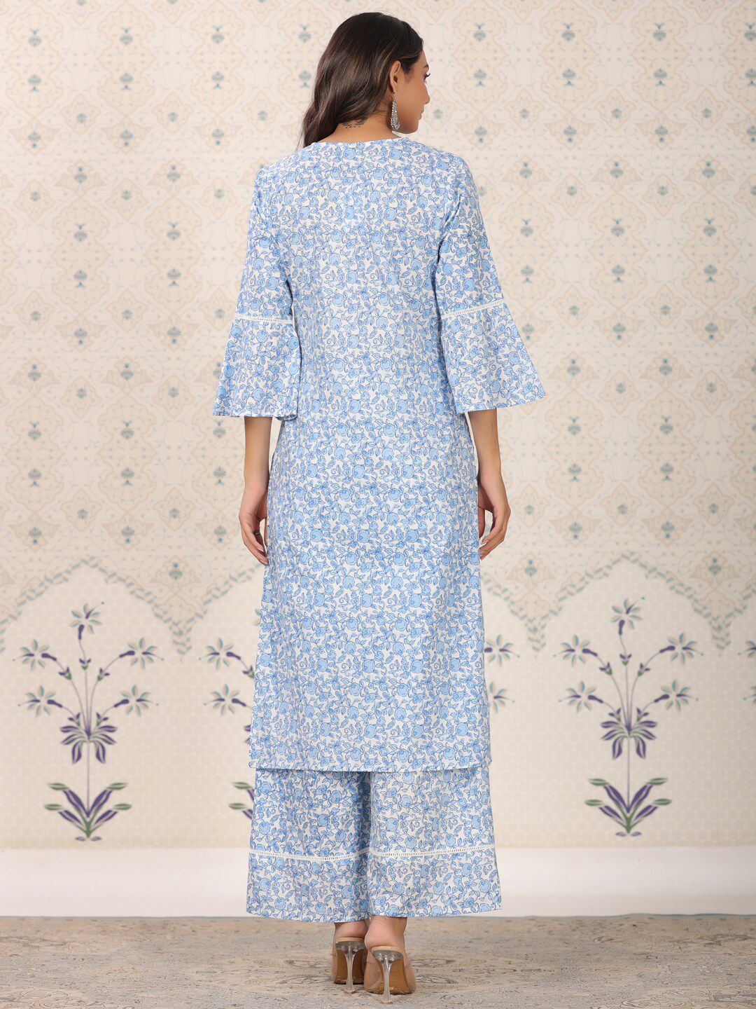 Ode by House of Pataudi Floral Printed Bell Sleeves Pure Cotton Kurta With Palazzos - Distacart