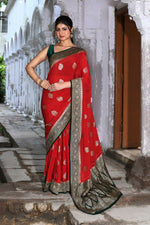 Thumbnail for Joban Fashion Red Crepe Chiffon Pure Handloom Banarasi Silk Saree