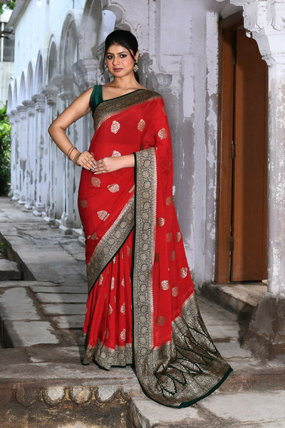 Joban Fashion Red Crepe Chiffon Pure Handloom Banarasi Silk Saree