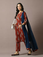 Thumbnail for Myshka Women's Rust Printed Cotton Straight Party Kurta Set With Dupatta - Distacart