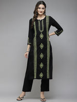 Thumbnail for ADA Women Black & Green Ethnic Motifs Embroidered Chikankari Handloom Handloom Kurta - Distacart