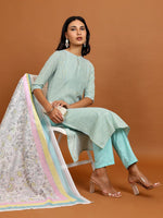 Thumbnail for Vishudh Striped Keyhole Neck Straight Kurta With Trousers & Dupatta - Distacart