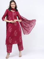 Thumbnail for Vishudh Women Pink Ethnic Motifs Printed Pure Cotton Kurta with Palazzos & With Dupatta - Distacart