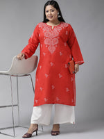Thumbnail for ADA Women Plus Size Red & White Ethnic Motifs Pure Cotton Chikankari Embroidered Kurta - Distacart