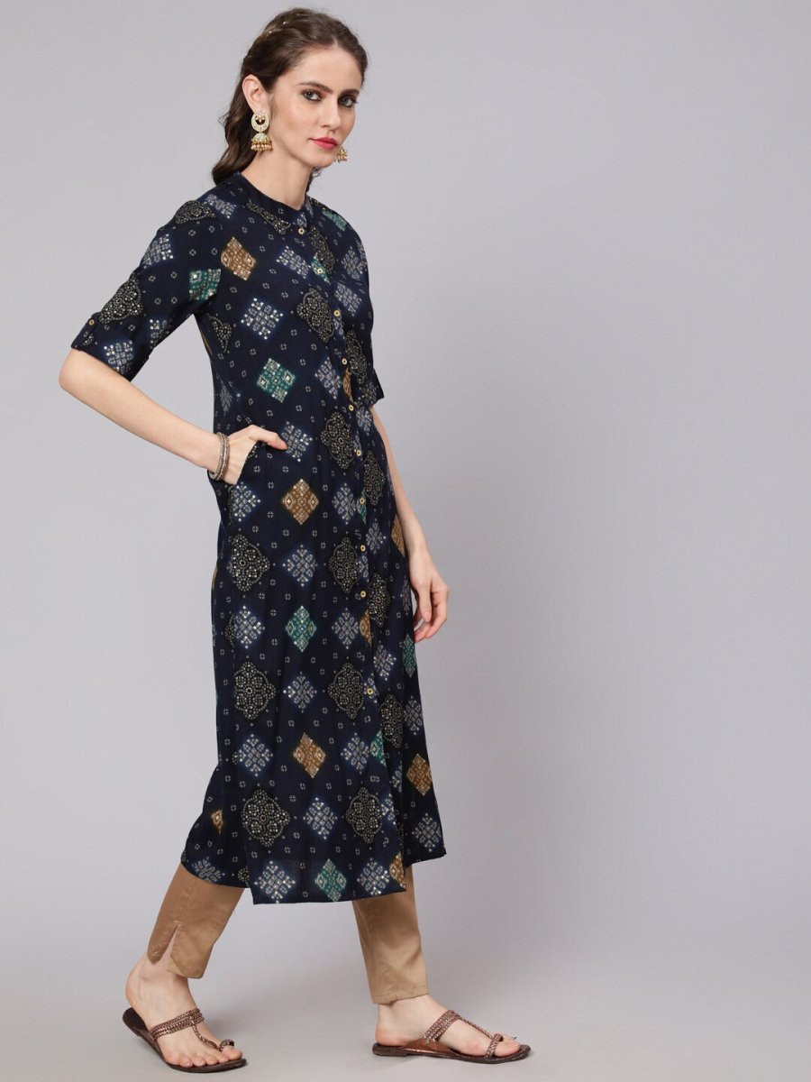 Aks Bandhani Printed Mandarin Collar Straight Kurta - Distacart