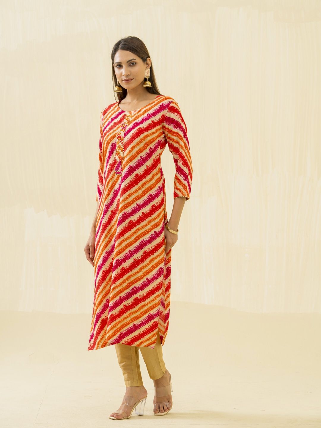 Ode by House of Pataudi Orange Striped Round Neck Gotta Patti Straight Kurta - Distacart