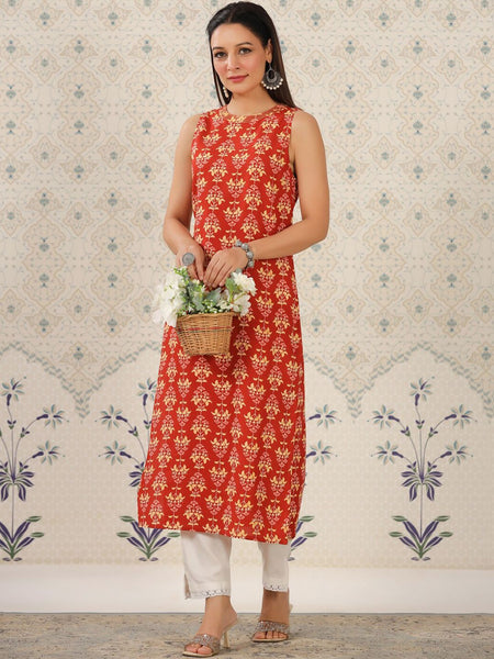 Ode by House of Pataudi Ethnic Motifs Printed Sleeveless Straight Kurta - Distacart