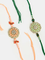 Thumbnail for NVR Men Set of 2 Pink & Green Stone-Studded Rakhi With Roli Chawal & Chocolate - Distacart