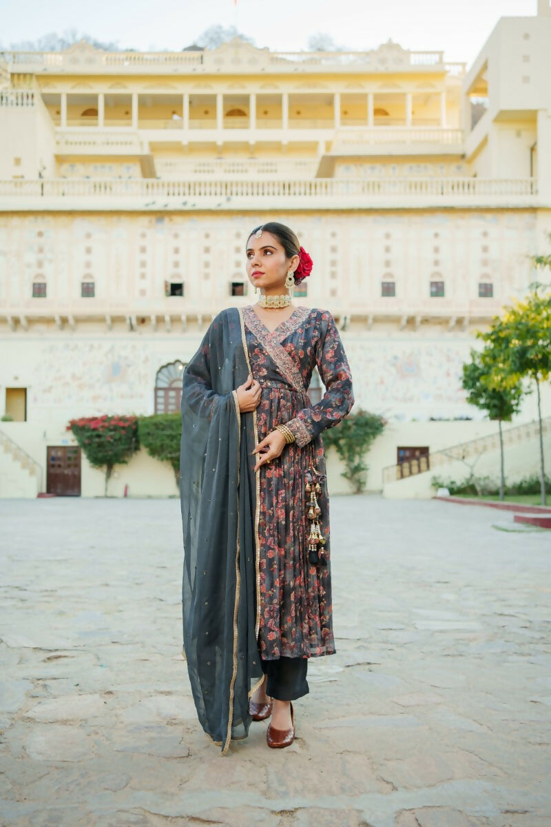 Vaasva Black Chinon Floral Embroidered Angrakha, Pant & Dupatta set - Distacart
