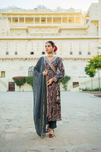 Thumbnail for Vaasva Black Chinon Floral Embroidered Angrakha, Pant & Dupatta set - Distacart