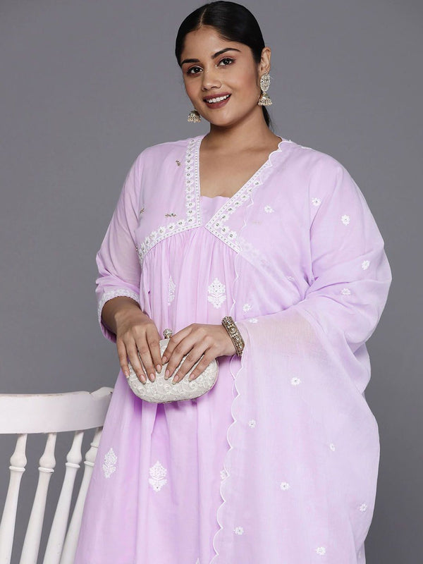 Sztori Plus Size Floral Embroidered Pure Cotton Anarkali Kurta & Trousers With Dupatta - Distacart