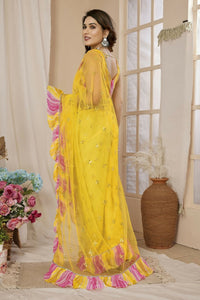 Thumbnail for Partywear Designer Yellow Net Fancy Saree - Dyuti