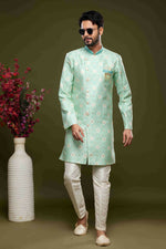 Thumbnail for Raivat Ethnic Banarasi Jacquard Embroidery Semi Indo Western Sherwani In Pista Green Colour