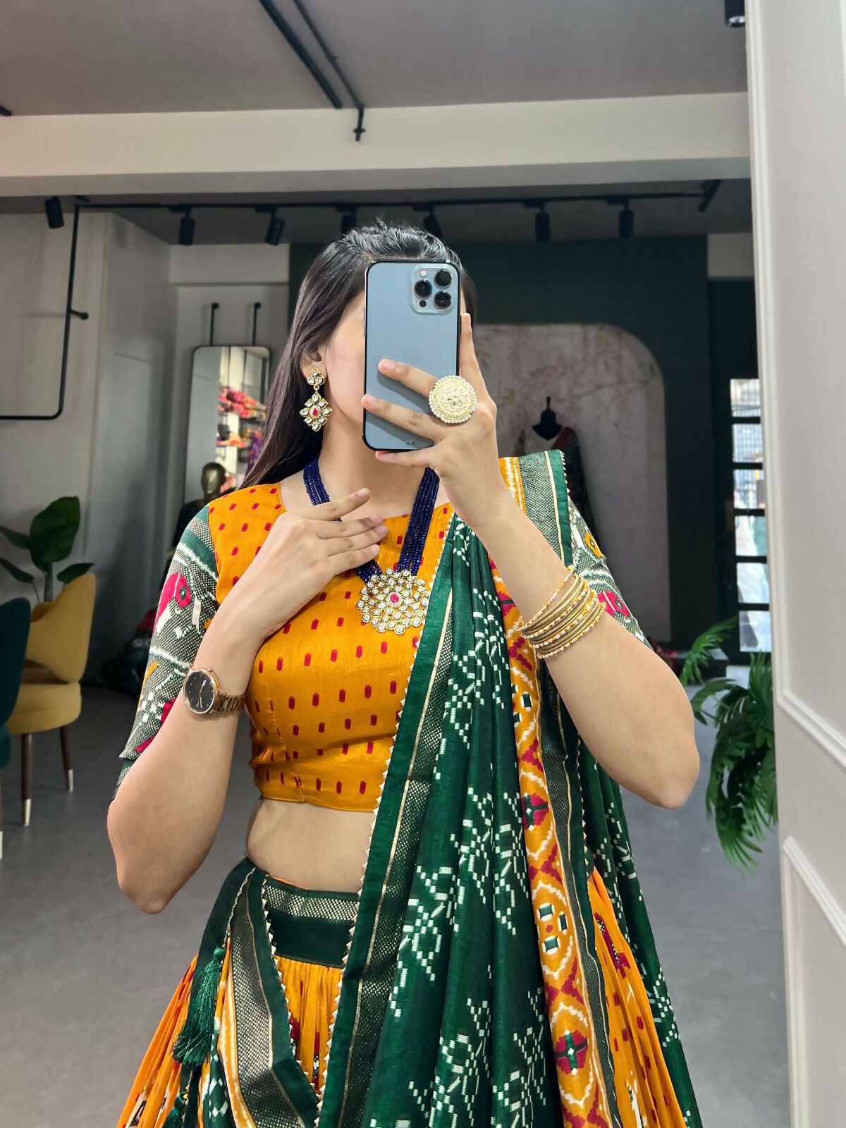 Vastranavya Traditional Ikkat Patola Print Tussar Silk Lehenga Choli - Mustard - Distacart