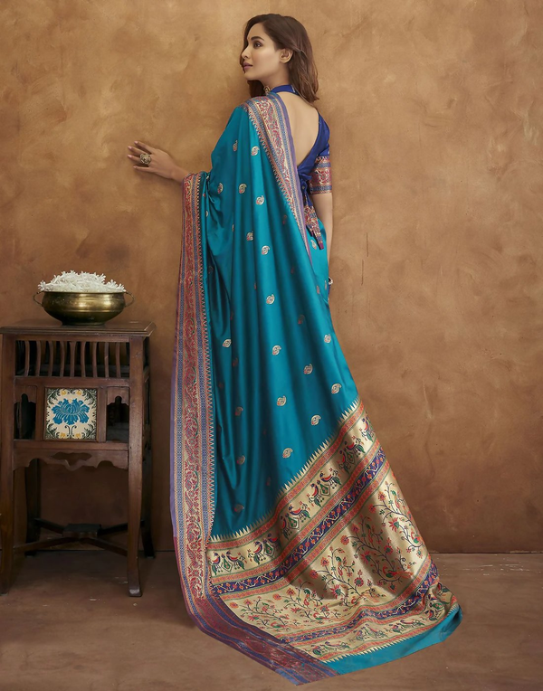 Vastranavya Blue Soft Paithani Silk Saree With Gold Zari Weaving Motifs With Matching Blouse Fabric - Distacart