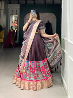 Thumbnail for Vastranavya Kalamkari Print With Weaving Border Lehenga with Unstitched Blouse - Burgundy - Distacart