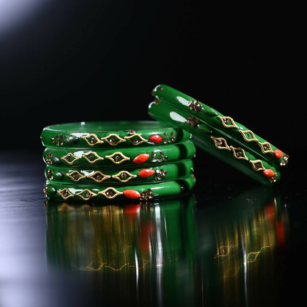 Afast Designer Fancy Party Bangle/ Kada Set, Green, Glass, Pack Of 8 - Distacart