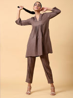 Thumbnail for trueBrowns Cotton Linen Burnt Brown Pleated Co-Ord Set - Distacart