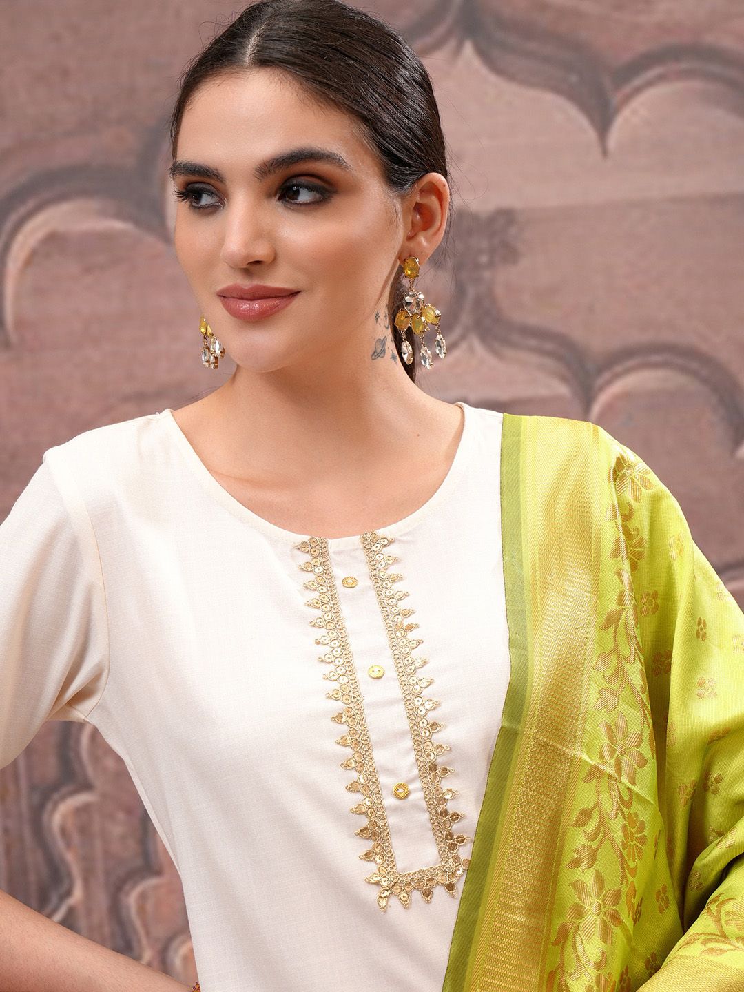 Vishudh Cream Embroidered Straight Kurta with Palazzo & Dupatta