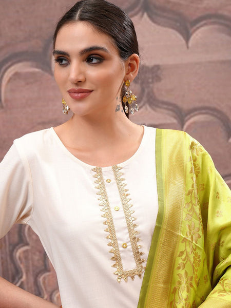 Vishudh Cream Embroidered Straight Kurta with Palazzo & Dupatta
