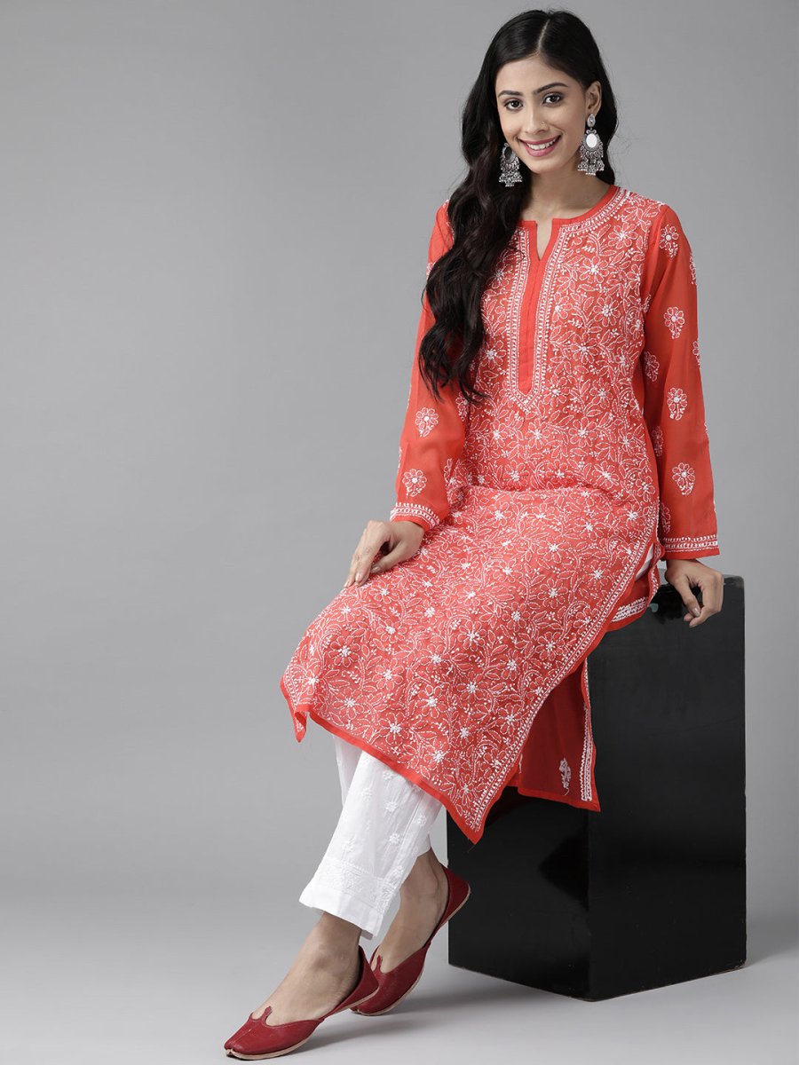 ADA Women Red & White Sustainable Hand Embroidered Chikankari Handloom Kurta with Palazzos - Distacart