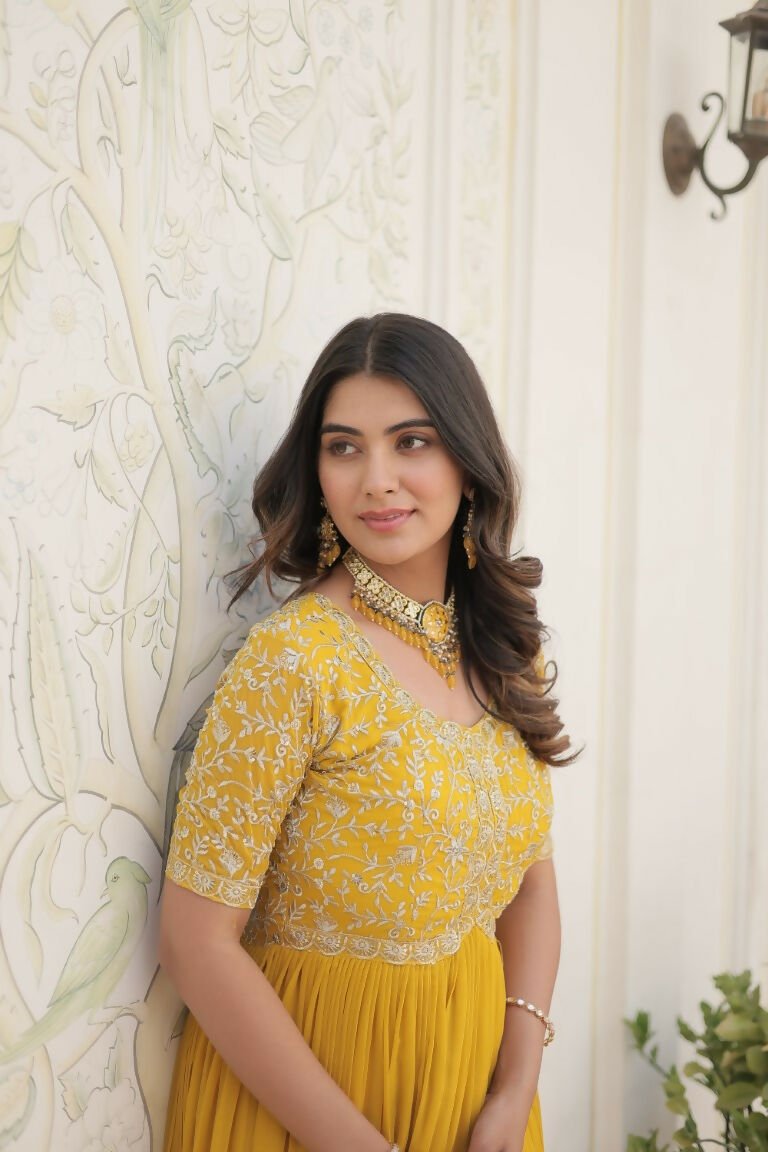 Aastha Fashion Women's Yellow Faux Blooming Embroidery Zari Sequins-work Gown