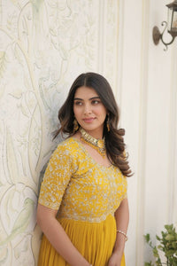 Thumbnail for Aastha Fashion Women's Yellow Faux Blooming Embroidery Zari Sequins-work Gown