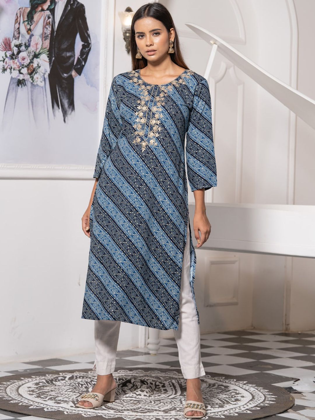 Ode by House of Pataudi Round Neck Printed Mirror Work Floral Kurta - Distacart