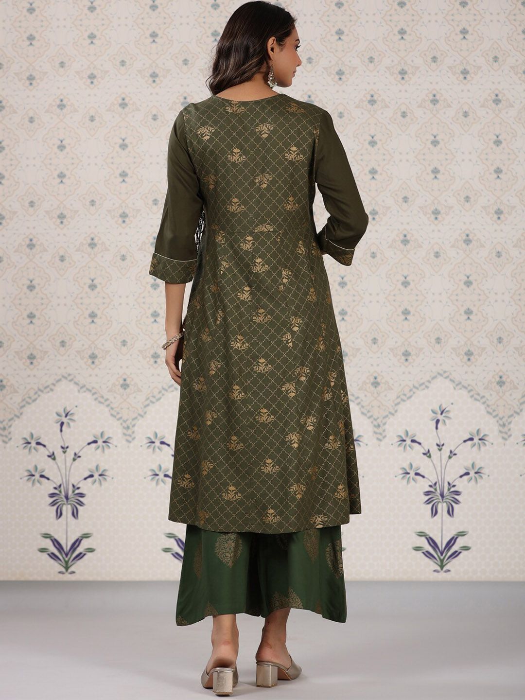 Ode by House of Pataudi Olive Green & Gold Printed V Neck Angrakha Kurta With Palazzos