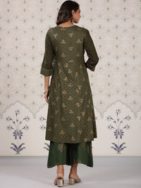 Thumbnail for Ode by House of Pataudi Olive Green & Gold Printed V Neck Angrakha Kurta With Palazzos