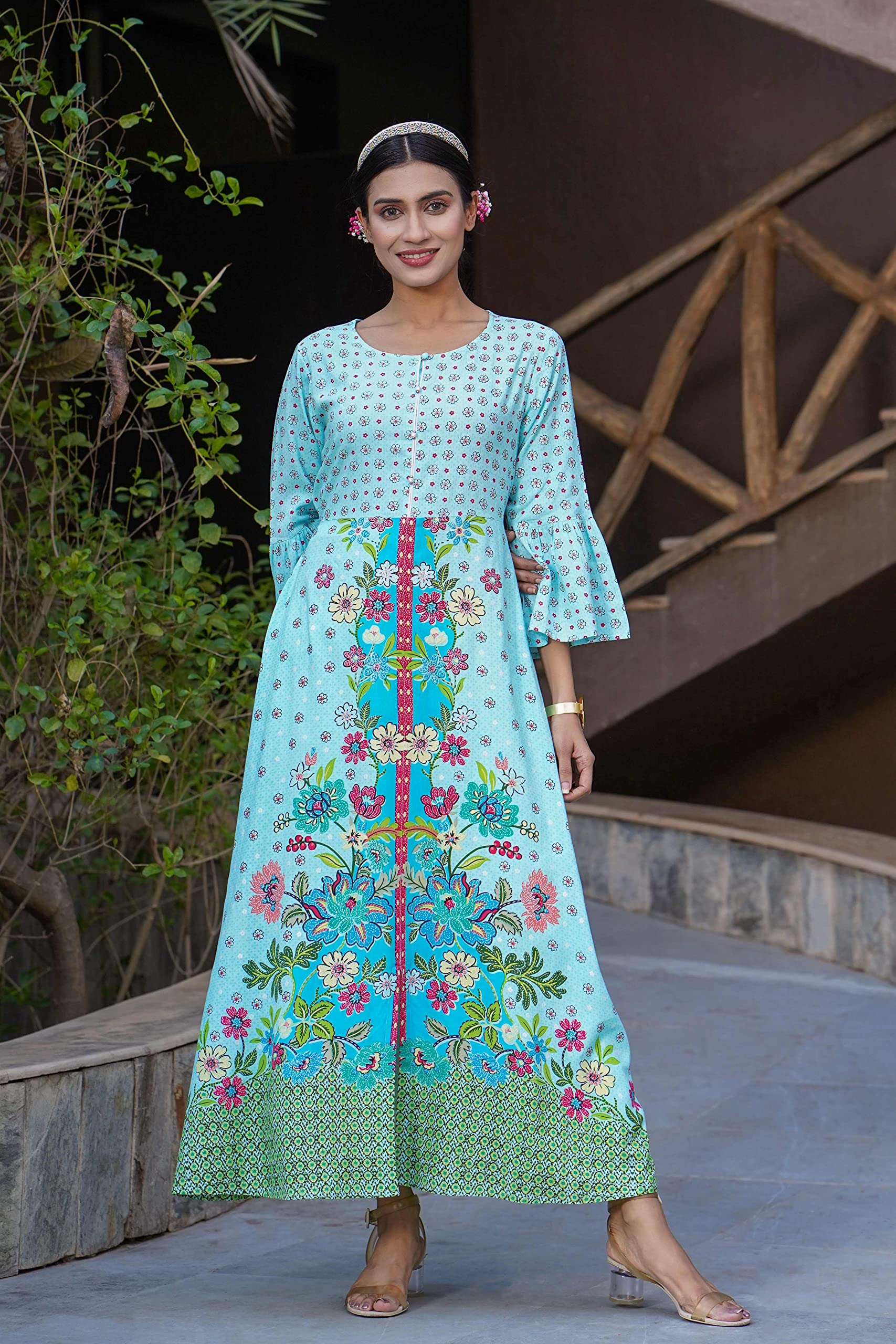 Juniper Women's Sky Blue Floral Printed Rayon Kurta With Buttons Closure At Back - Distacart