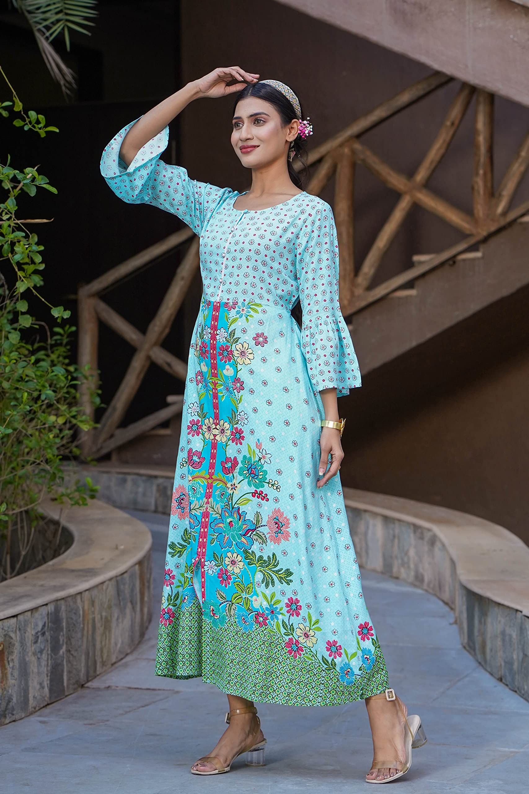 Juniper Women's Sky Blue Floral Printed Rayon Kurta With Buttons Closure At Back - Distacart