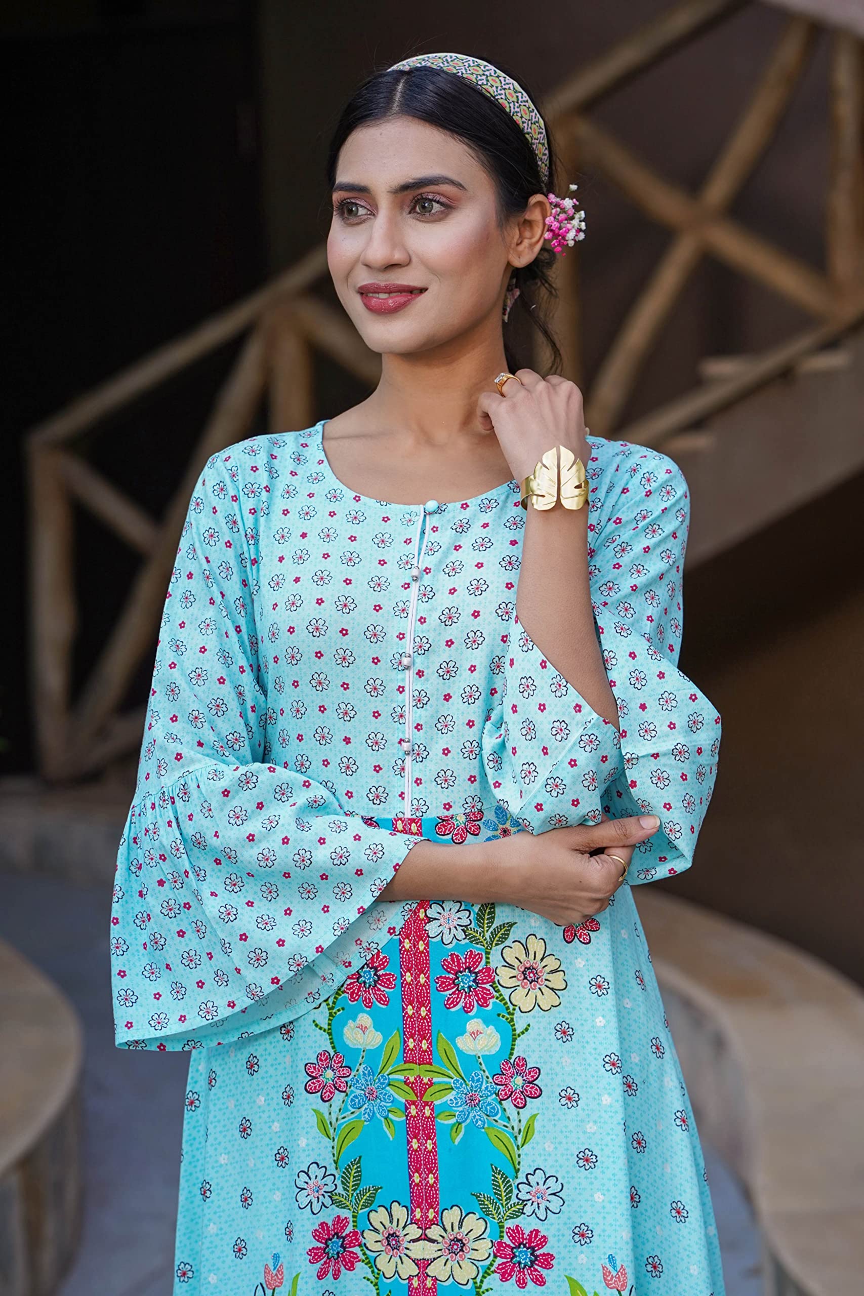 Juniper Women's Sky Blue Floral Printed Rayon Kurta With Buttons Closure At Back - Distacart