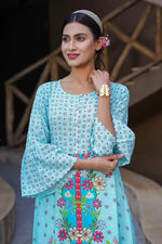 Thumbnail for Juniper Women's Sky Blue Floral Printed Rayon Kurta With Buttons Closure At Back - Distacart