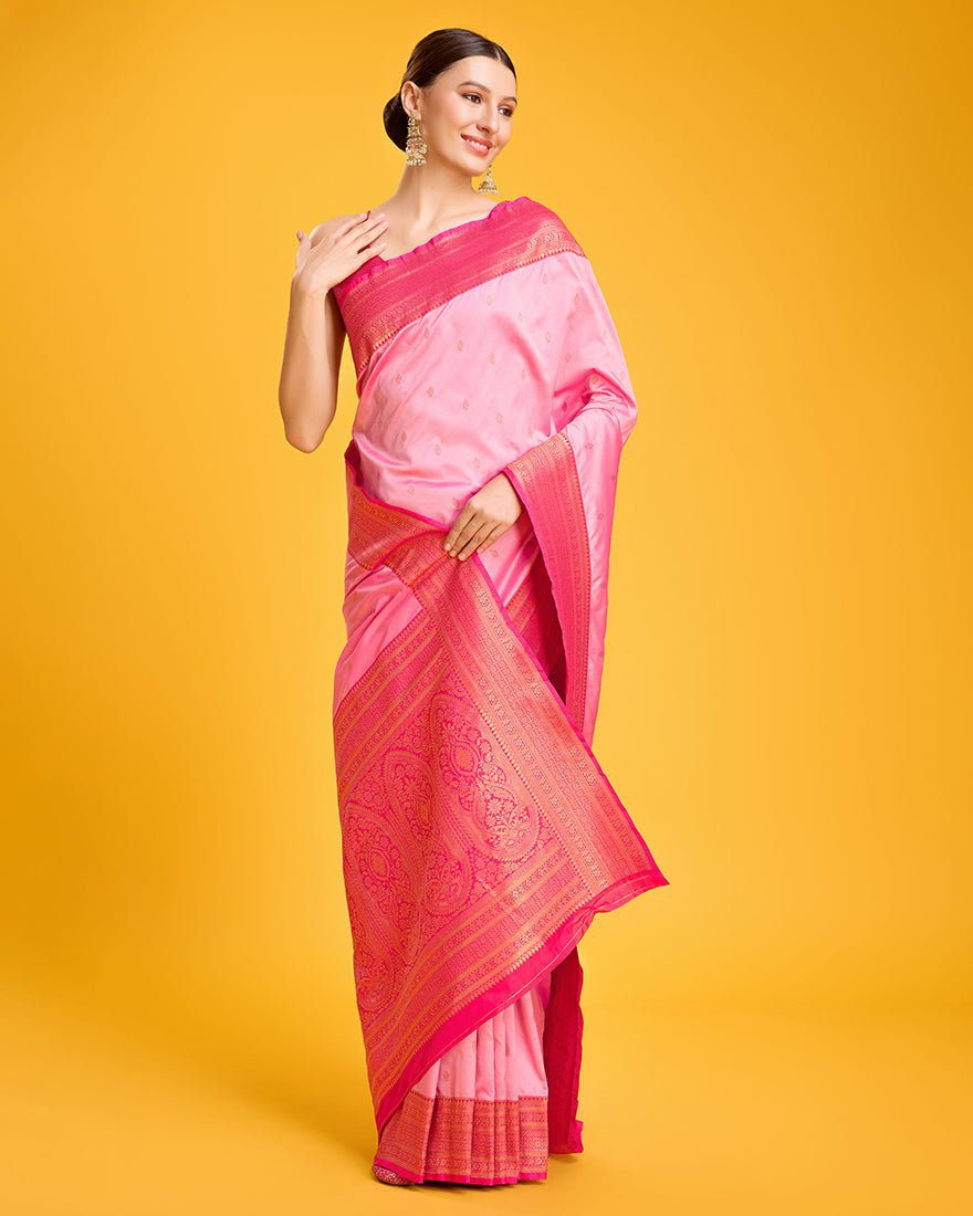 Monjolika Fashion Elegant Light Pink Banarasi With Intricate Zari Work With Rich Brocade Patterns Silk Saree - Distacart