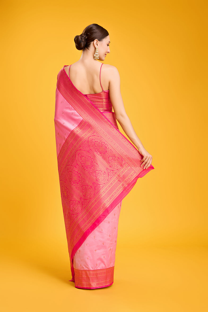 Monjolika Fashion Elegant Light Pink Banarasi With Intricate Zari Work With Rich Brocade Patterns Silk Saree - Distacart