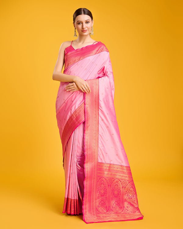 Monjolika Fashion Elegant Light Pink Banarasi With Intricate Zari Work With Rich Brocade Patterns Silk Saree - Distacart
