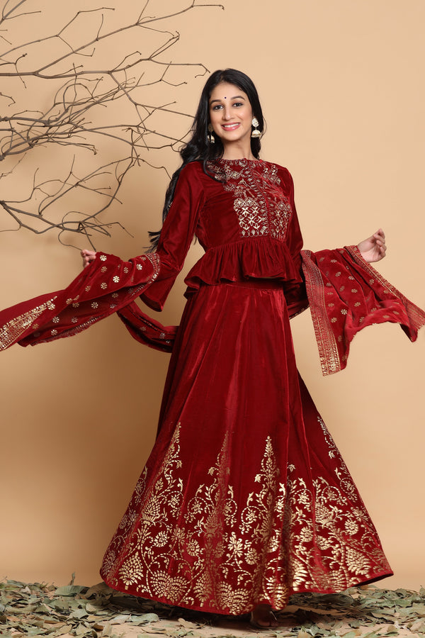 Juniper Maroon Velvet Ethnic Motif Printed Lehenga Choli & Dupatta Set - Distacart