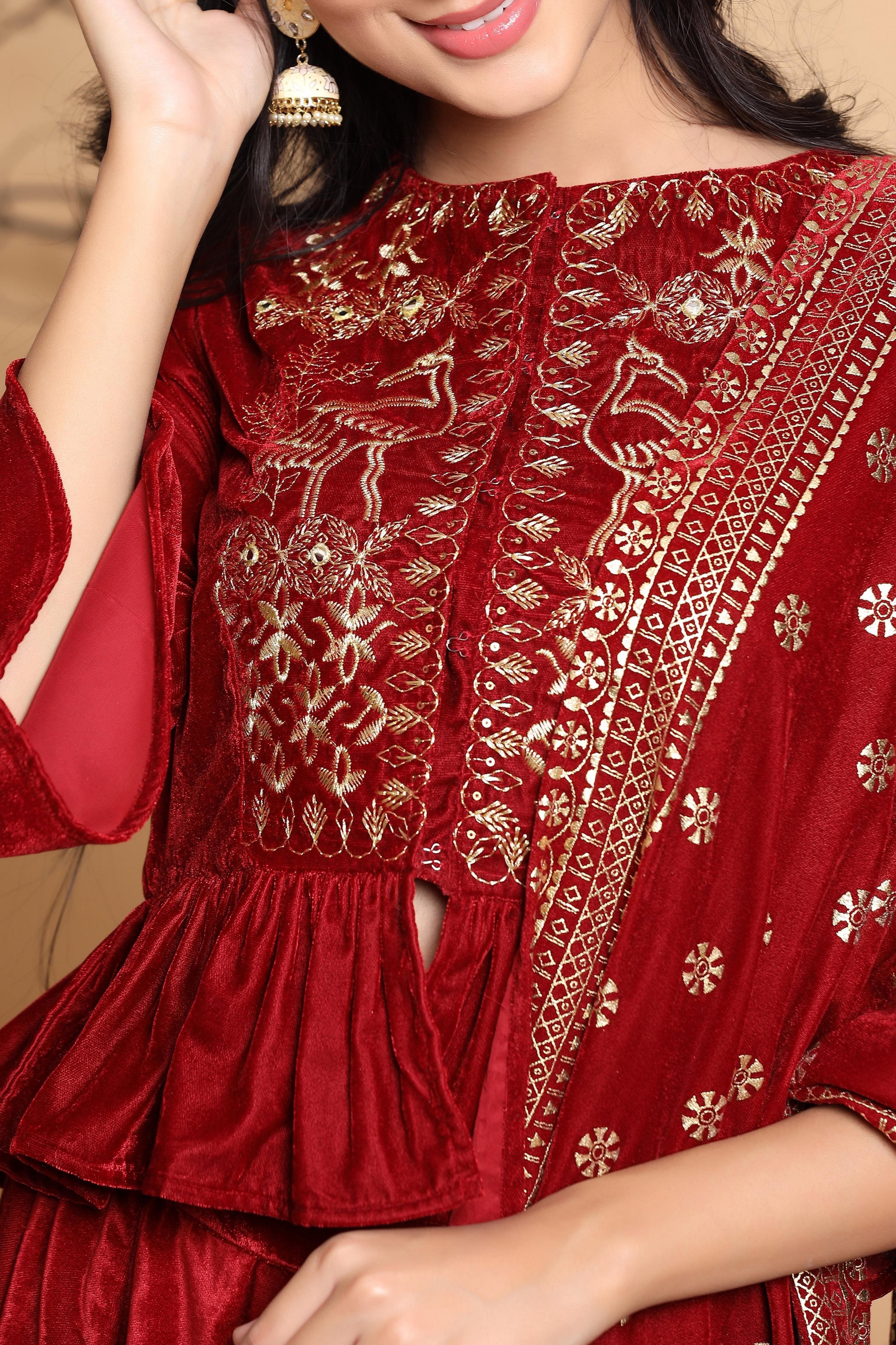 Juniper Maroon Velvet Ethnic Motif Printed Lehenga Choli & Dupatta Set - Distacart