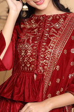 Thumbnail for Juniper Maroon Velvet Ethnic Motif Printed Lehenga Choli & Dupatta Set - Distacart