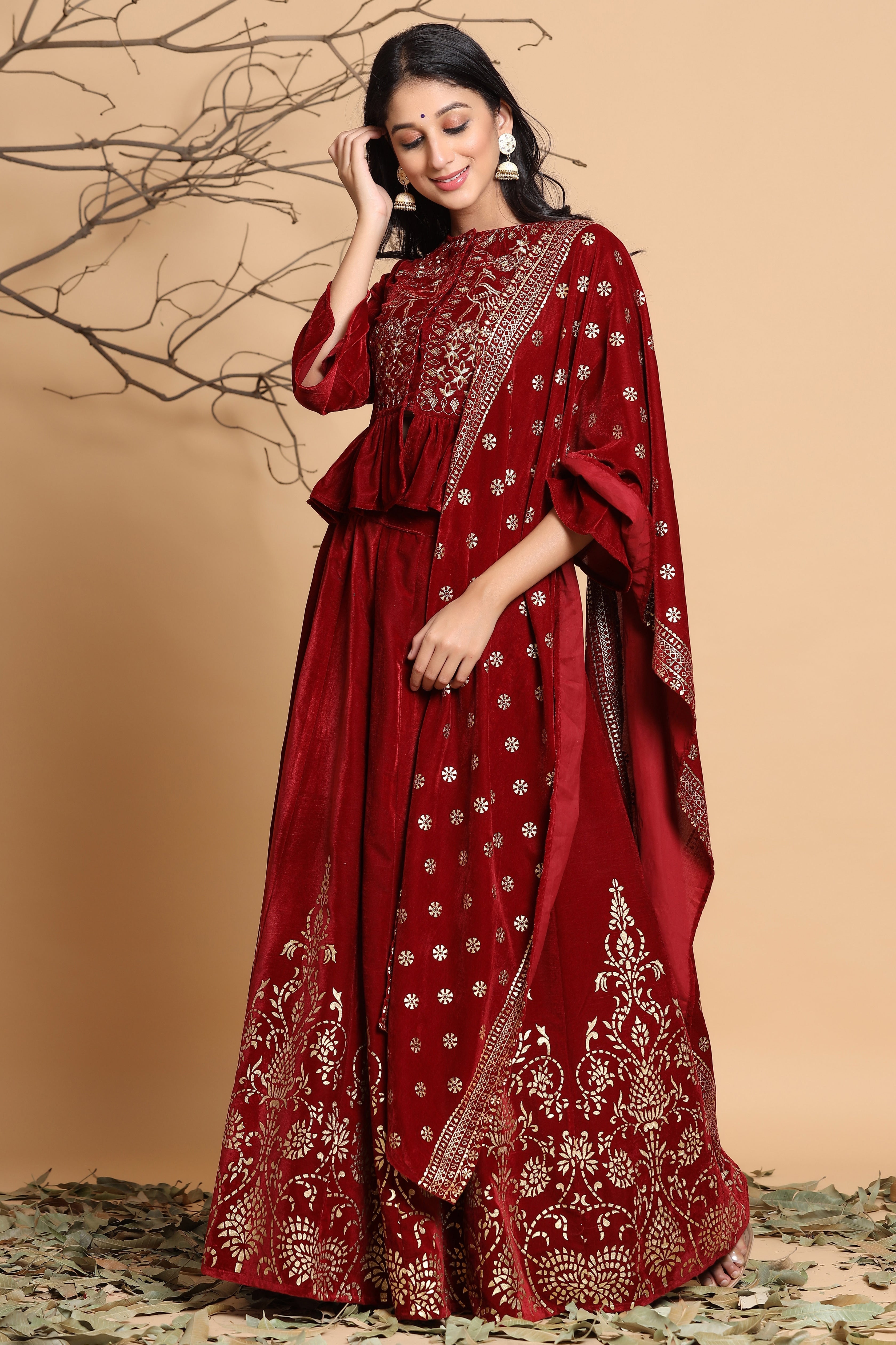Juniper Maroon Velvet Ethnic Motif Printed Lehenga Choli & Dupatta Set - Distacart
