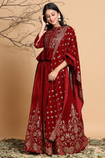 Thumbnail for Juniper Maroon Velvet Ethnic Motif Printed Lehenga Choli & Dupatta Set - Distacart