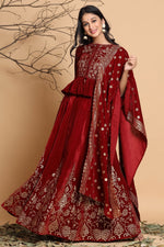 Thumbnail for Juniper Maroon Velvet Ethnic Motif Printed Lehenga Choli & Dupatta Set - Distacart