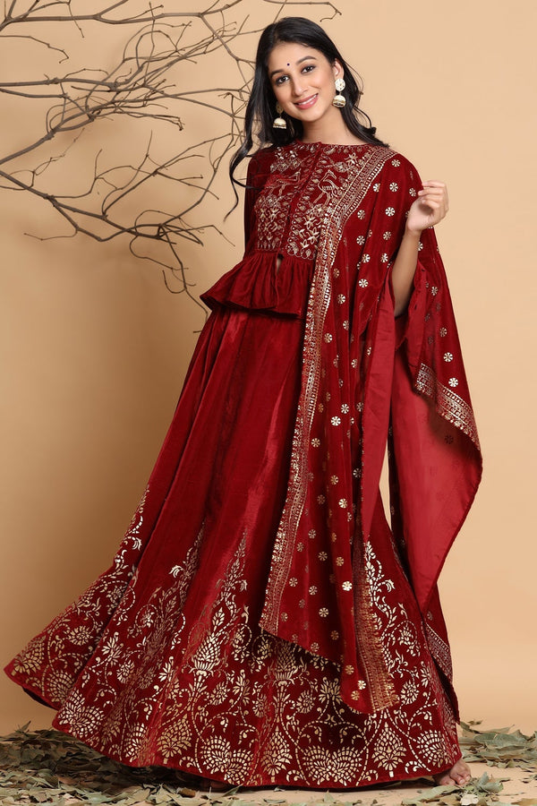 Juniper Maroon Velvet Ethnic Motif Printed Lehenga Choli & Dupatta Set - Distacart