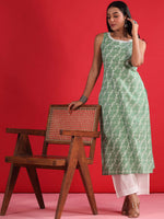 Thumbnail for Indo Era Geometric Printed Round Neck Sleeveless Gotta Patti Cotton Straight Kurta