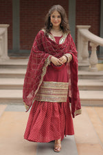 Thumbnail for Vedant Vastram Heavy Embroidery & Sequins Work Pure Georgette Top Sharara Set With Dupatta - Maroon - Distacart