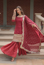Thumbnail for Vedant Vastram Heavy Embroidery & Sequins Work Pure Georgette Top Sharara Set With Dupatta - Maroon - Distacart